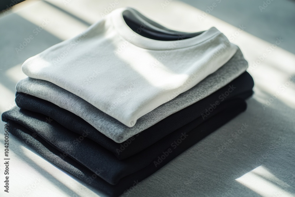 Leinwandbilder minimalist sportswear is arranged neatly in a stack on a smooth table, illuminated by natural light 