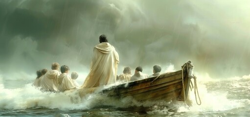 Digital watercolor painting of Jesus calming the storm at sea
