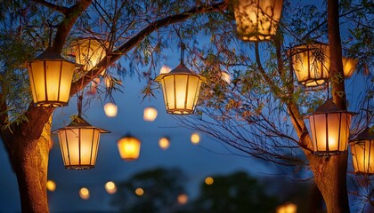 glowing lanterns on tree branches at twilight creating an enchanting atmosphere