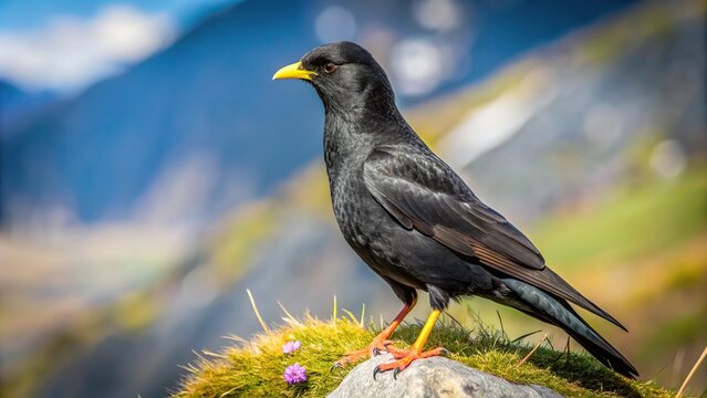 Depth of Field image of an Alpine chough or yellow-billed chough Pyrrhocorax graculus calling.
