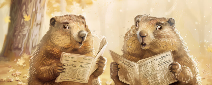 Humorous Groundhog Day Card with Surprised Groundhogs and Newspapers for Celebration Design