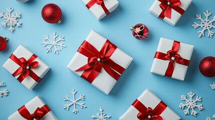 Festive Christmas Gifts with Red Ribbons and Ornaments