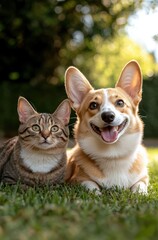 Fototapeta premium A joyous corgi and an adorable tabby cat sit side by side on lush green grass, embodying a perfect moment of friendship and happiness in nature.