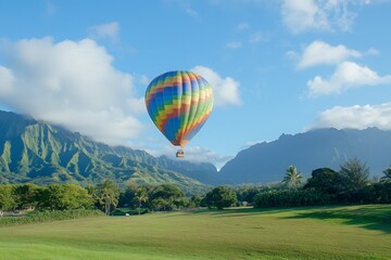 Naklejka premium Hot Air Balloon Soaring Over Lush Green Mountains