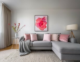 grey sofa with pink white pillows blanket against white wall modern living room interior design features abstract art poster pink vase with red rose white lamp side table create cozy atmosphere