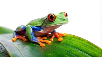 Naklejka premium Vibrant frog reflected on leaf isolated on white background