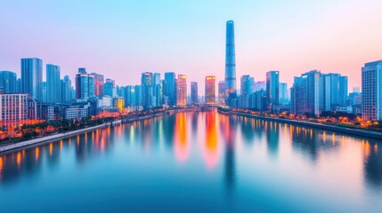 City Skyline at Dusk With Reflective River