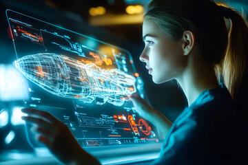 Futuristic holographic interface with woman designing rocket blueprint technology