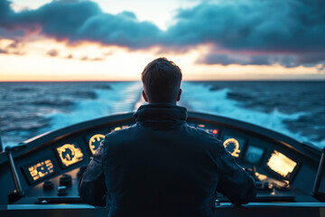 Fototapeta premium Man steering boat at dawn: exploring adventure on open sea with calm skies and sunrise