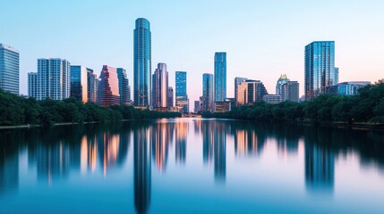 Fototapeta premium Dusk City Skyline Reflection on Water