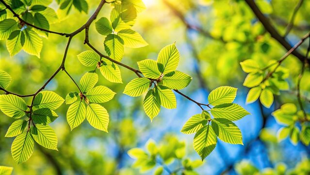 Depth of field image of spring tree leaves with selective focus on leaves, clear sky, and nature theme