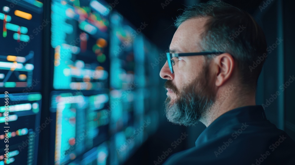 Poster professional analyzing data on multiple screens in modern control room, highlighting technology and 