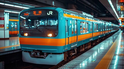 A vibrant and sleek modern train in an urban underground station, showcasing the intersection of technology and transport efficiency in contemporary city environments