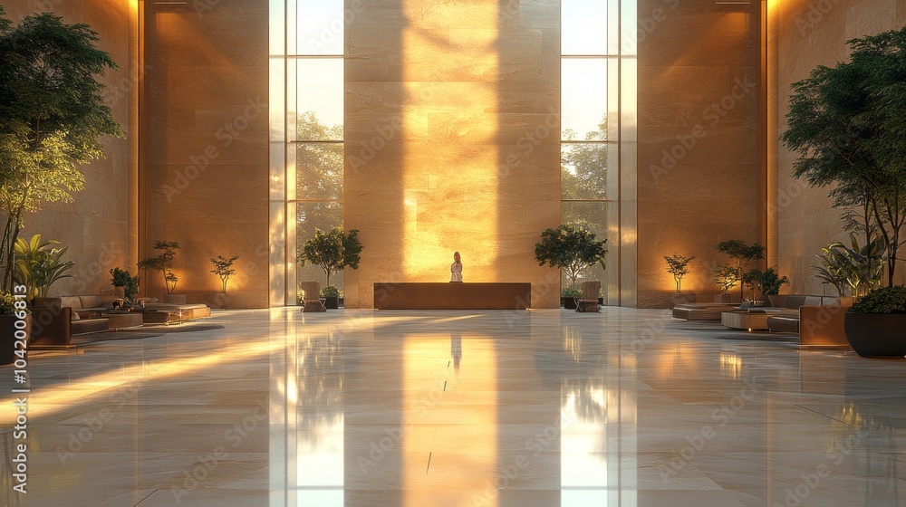 Poster a large, empty room with a statue of a buddha in the middle