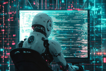 Artificial intelligence robot analyzing cybersecurity data on computer screen in futuristic digital environment