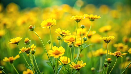 Fototapeta premium Depth of field image of yellow wild flowers in a field with a green background