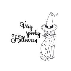 Card or poster with cute Halloween illustration with gray cat in witch hat. Greeting text Very Spooky Halloween.