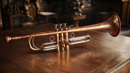 Obraz premium Salpinx trumpet on a wooden table natural light enhancing its brass engravings