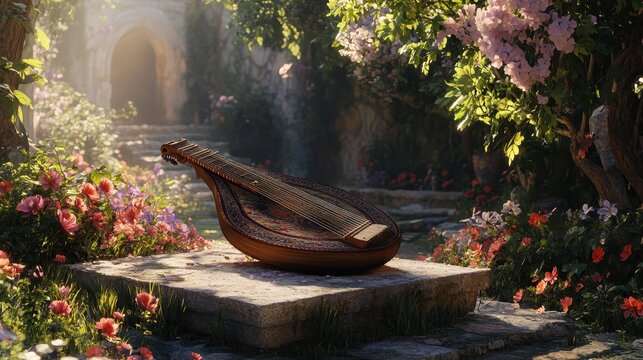 Serene scene with kithara on altar surrounded by flowers softly lit by natural light