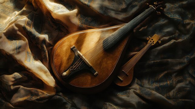 Overhead shot of aulos and lyre on rich cloth bright light highlighting features