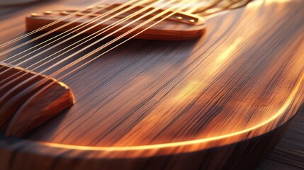 Close-up of a harp's soundboard soft light bringing out wood grain and smoothness