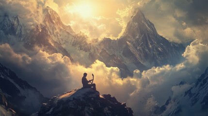 Fototapeta premium Lyre played by lone musician in mountains sunlight casting a heavenly glow around