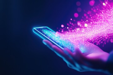 Hand holding phone with glowing pink digital wave