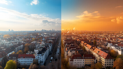 Obraz premium stunning cityscape showcasing clear divide between vibrant, clean environment and polluted, industrial area. contrast highlights impact of urbanization on nature and air quality