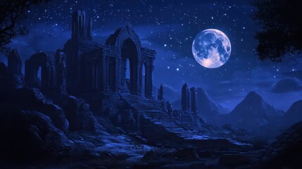 Naklejka premium Temple ruins under a starry sky moonlight casting long shadows enhancing mystical atmosphere