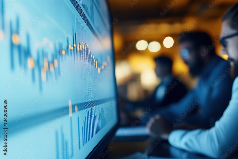 Poster analyzing stock market data on multiple computer screens