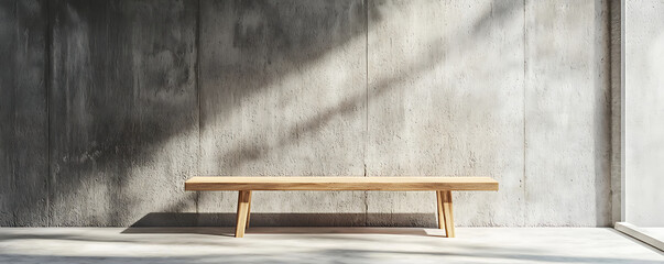 A minimalist scene of a simple wooden bench placed against a concrete wall. The clean lines and modern design make this image suitable for architecture