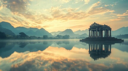 Obraz premium Tranquil lake reflecting temple ruins pastel skies at sunrise adding to dreamlike beauty