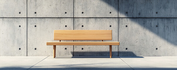 A minimalist scene of a simple wooden bench placed against a concrete wall. The clean lines and modern design make this image suitable for architecture
