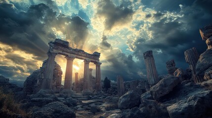 Fototapeta premium Ancient temple framed by rocks dark clouds overhead rays of sunlight creating striking contrast