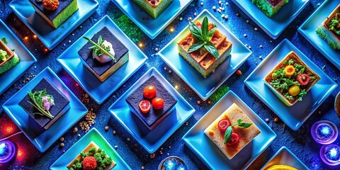 Fototapeta premium Sapphire Blue Squares Illuminated by Neon Lights - Innovative Food Photography