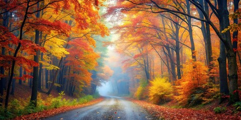Colorful autumn forest with misty road