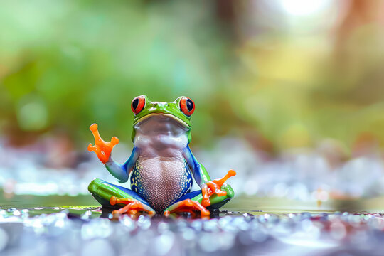 Frog is sitting on a rock in the rain. The frog is green and red. The frog is looking at the camera