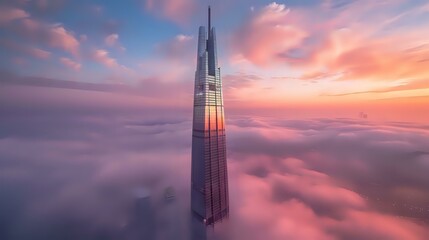 A towering skyscraper emerges above a sea of clouds during a colorful sunset.