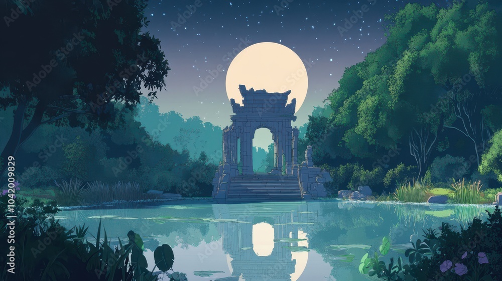 Poster Temple ruin at the edge of a serene pond with dusk reflections and peaceful ambiance