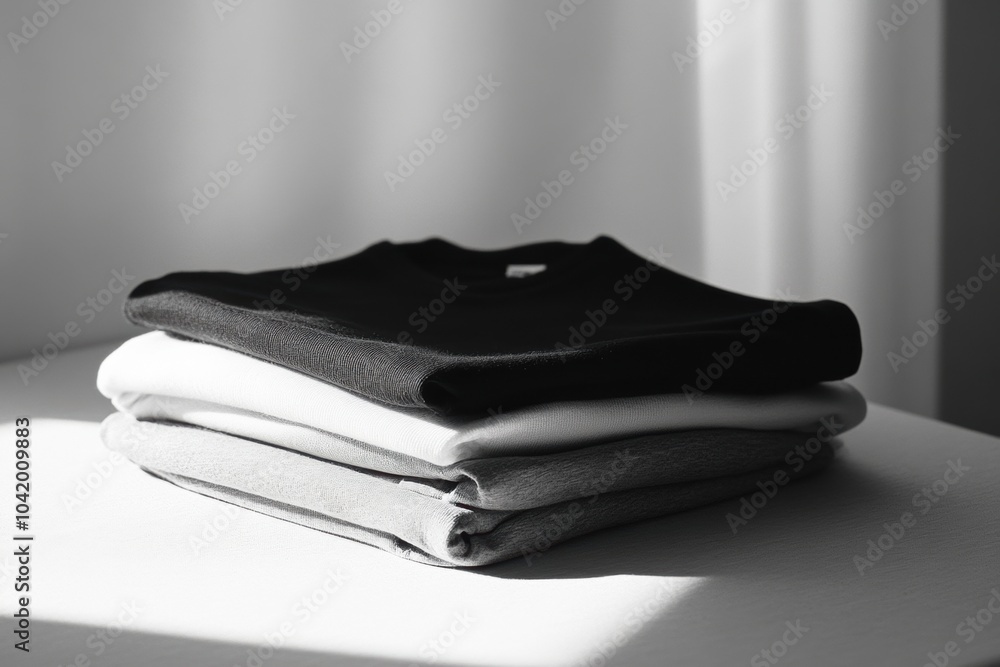 Poster soft colors of folded minimalist sportswear are arranged neatly on a smooth table, showcasing an org
