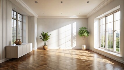 Fototapeta premium Scandinavian Minimalist Empty Room with White Walls and Wood Floor for Modern Interior Design Inspiration