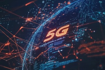 A futuristic digital globe with "5G" text, surrounded by complex network connections. Perfect for concepts of mobile communication, high-speed networks, wireless technology, and telecommunications.
