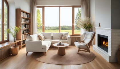 white sofa armchair in semi circle wooden coffee table vase with flowers fireplace with firewood bookshelf with books large window natural warm atmosphere scandinavian home interior design