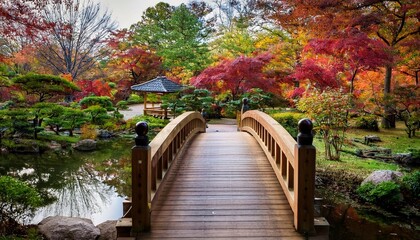 wooden bridge in serene japanese garden setting anderson japanese gardens rockford illinois usa autumn foliage surrounding tranquil pond water features and rich plants