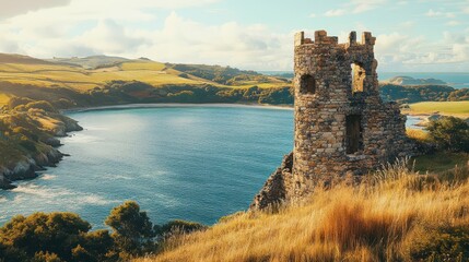 Ruined coastal watchtower with weathered stones vibrant sea and hills in warm afternoon light