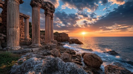 Obraz premium Ruins with crumbling columns at sunset deep shadows and vivid colors lighting the scene