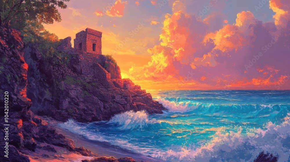 Poster Majestic temple ruin on a cliff overlooking a turquoise sea with crashing waves at sunset