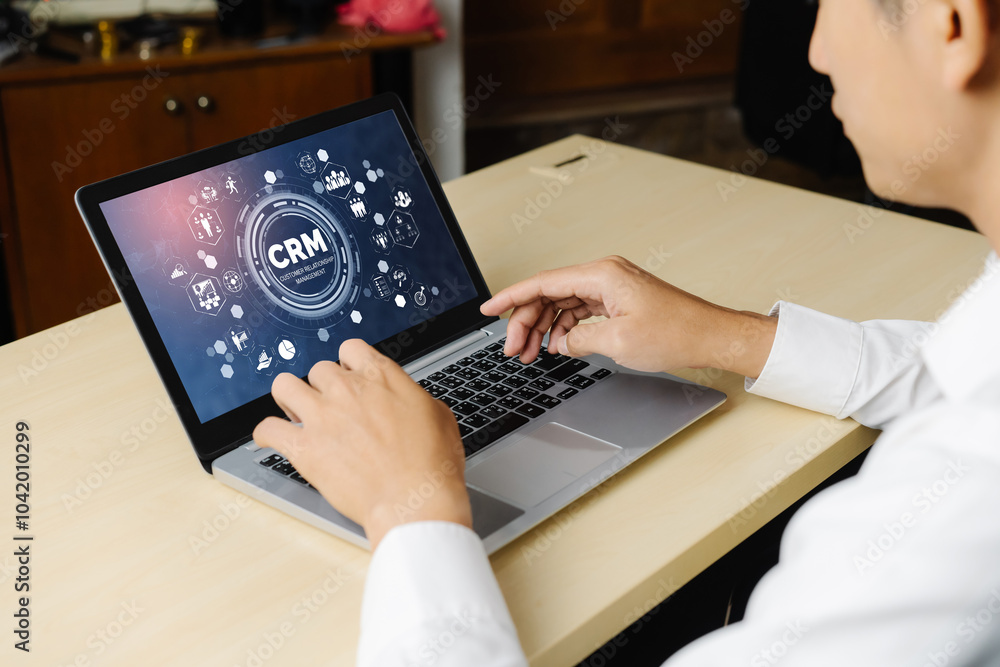 Poster customer relationship management system on modish computer for crm business and enterprise