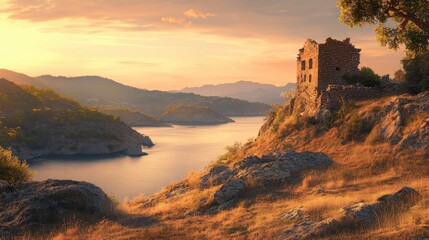 Fototapeta premium Stone ruins in coastal hills at sunset sky painted with warm hues and soft light