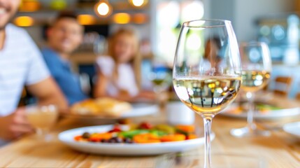 Fototapeta premium Family dinner gathering with wine and blurred food dishes for cozy home dining experience.